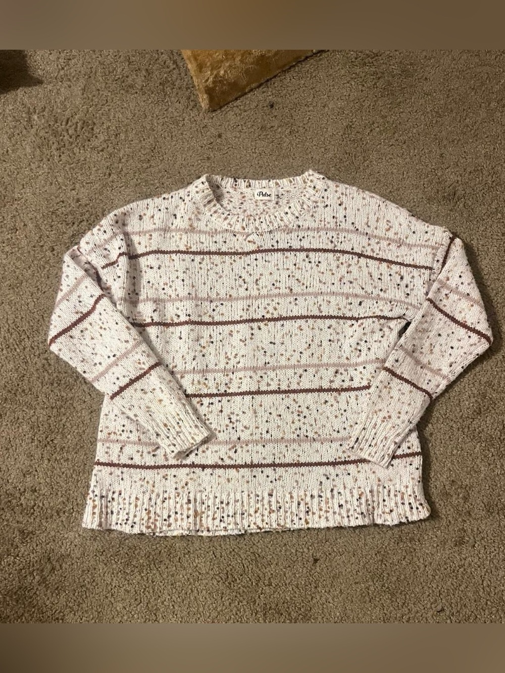 Pulse White Speckled Sweater with Brown Stripes